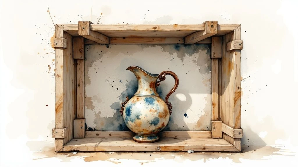 Workon – Antique artifact in a wooden shipping crate symbolizing customs clearance challenges in Turkey