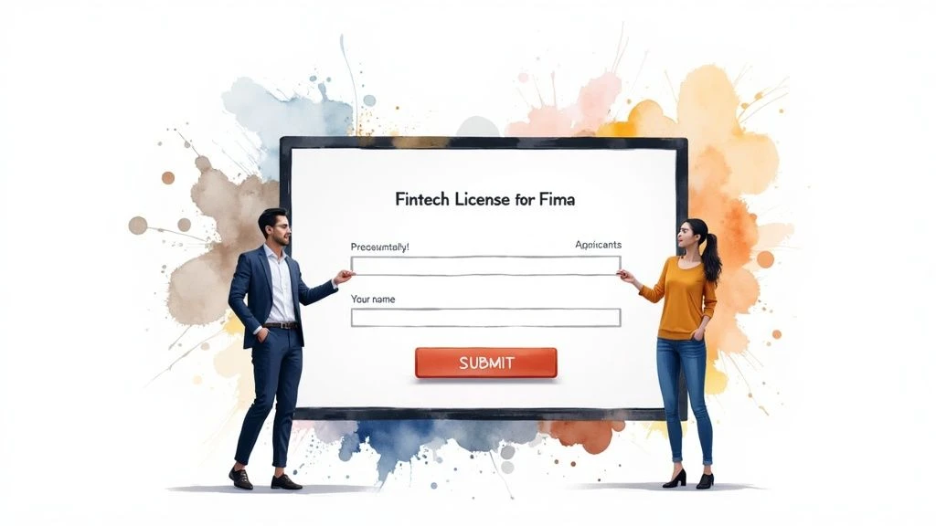 A man and woman presenting a digital application form for a fintech license, symbolizing the process of preparing and submitting documents to the Central Bank of Turkey (CBRT).