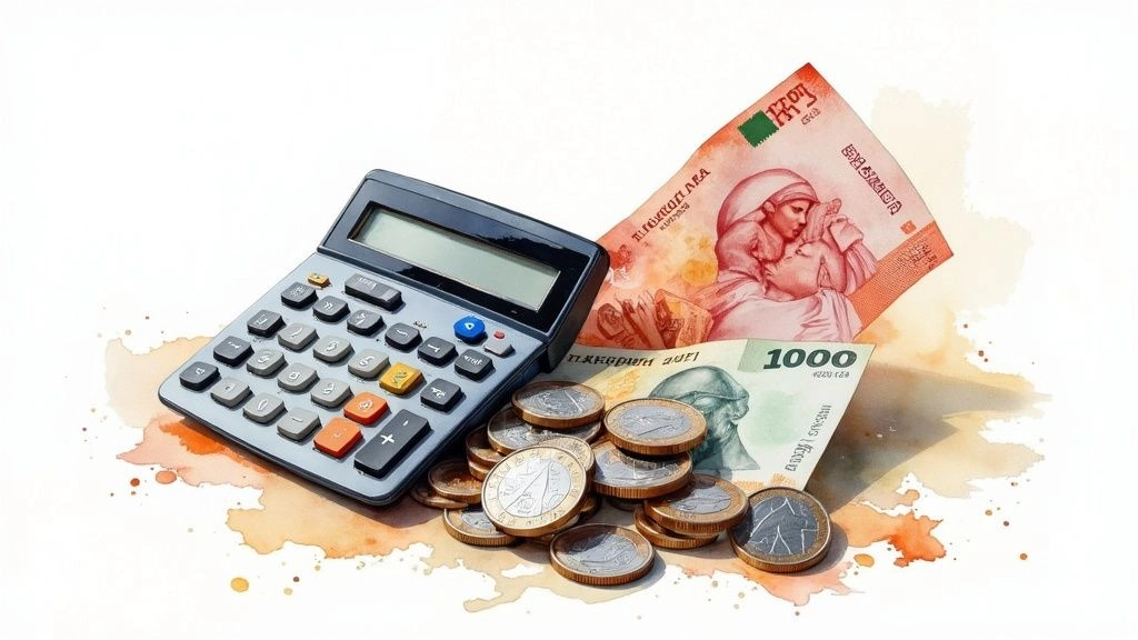 Calculator and Turkish lira coins and banknotes representing financial documentation for branch registration in Turkey.