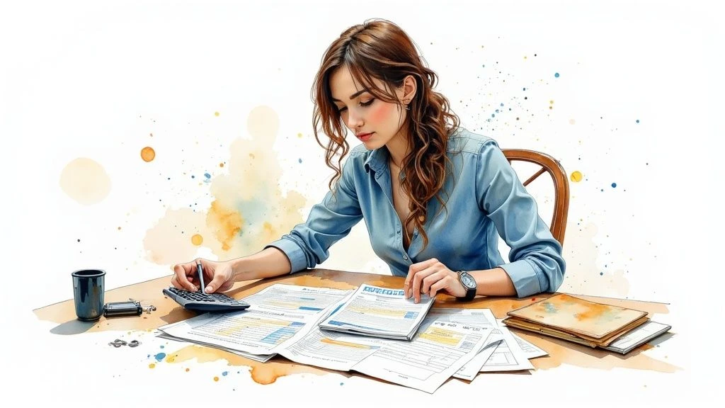 Female accountant analyzing financial documents and using a calculator, representing the process of choosing the right bookkeeping software.