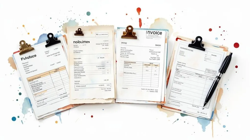 Clipboard with invoices and financial documents, representing the role of a financial advisor in managing bookkeeping and compliance in Turkey.
