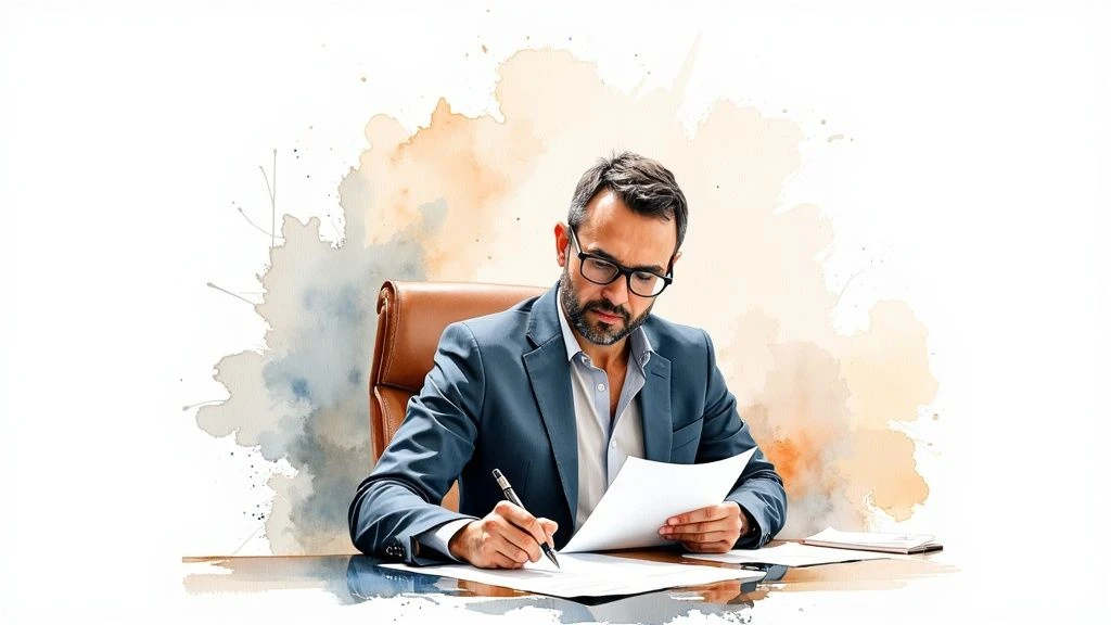 Business professional reviewing financial documents at a desk, symbolizing mastery of Turkish bookkeeping and tax regulations.