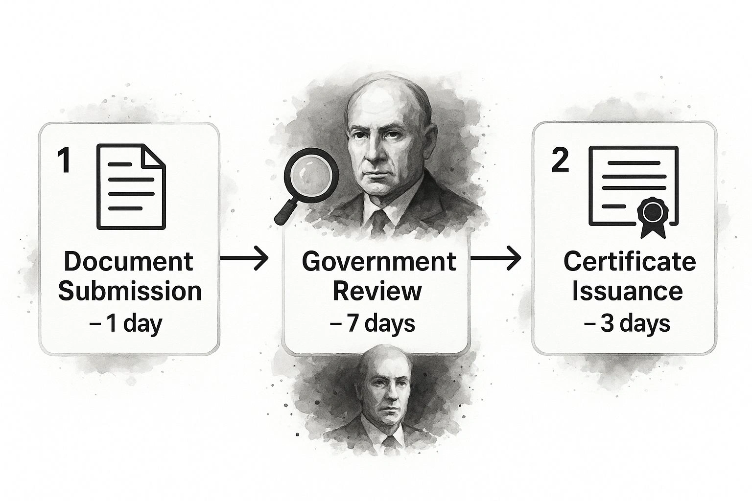 Step-by-step infographic showing document submission, government review, and certificate issuance stages in Turkey’s branch registration process.