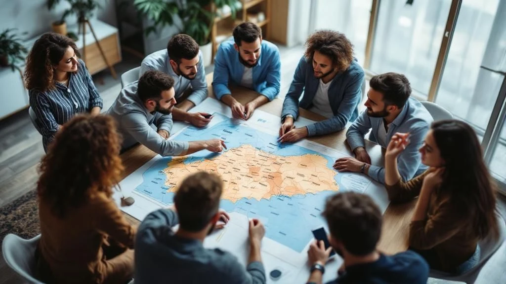A group of business professionals discussing a map of Turkey, symbolizing foreign and local partnership dynamics in Turkish business law.