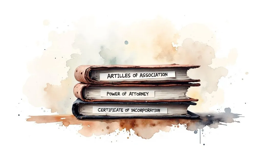 Stack of legal documents labeled Articles of Association, Power of Attorney, and Certificate of Incorporation representing Turkish branch office registration requirements.