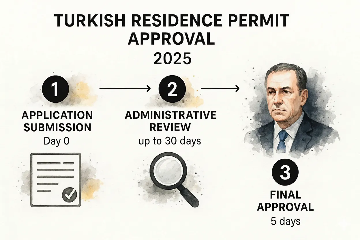 Step-by-step process of Turkish residence permit approval in 2025, from application submission to final approval.
