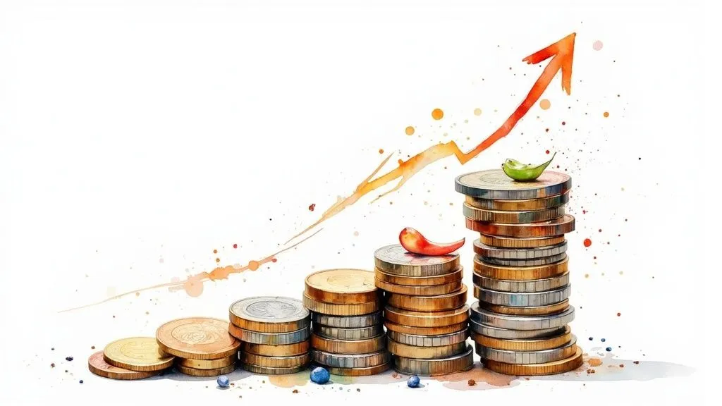 Stacks of coins with an upward arrow symbolizing rising financial requirements for Turkish residence permits in 2025.