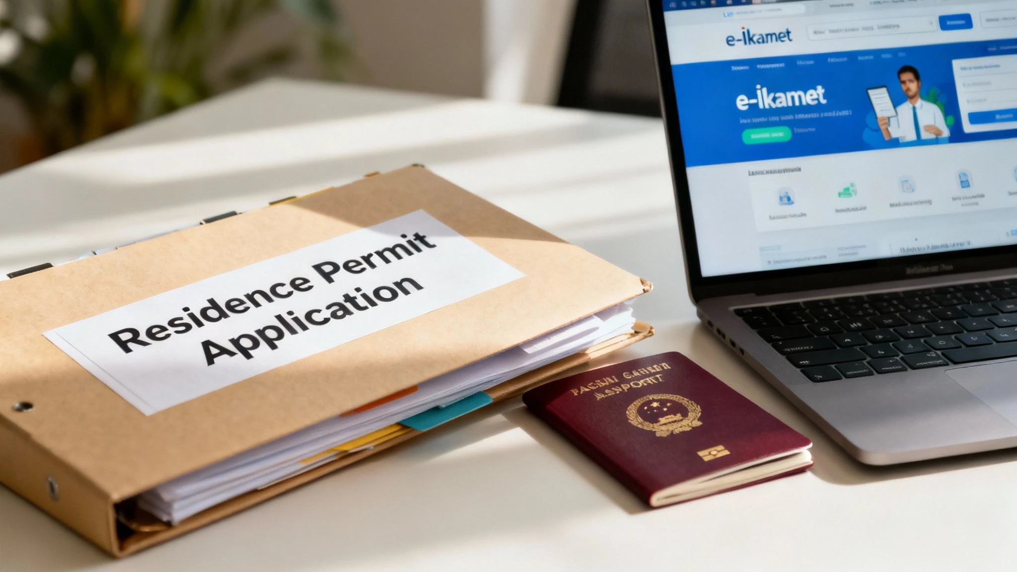 Folder labeled “Residence Permit Application” beside a passport and laptop showing the e-İkamet website, representing the Turkish residence permit process.