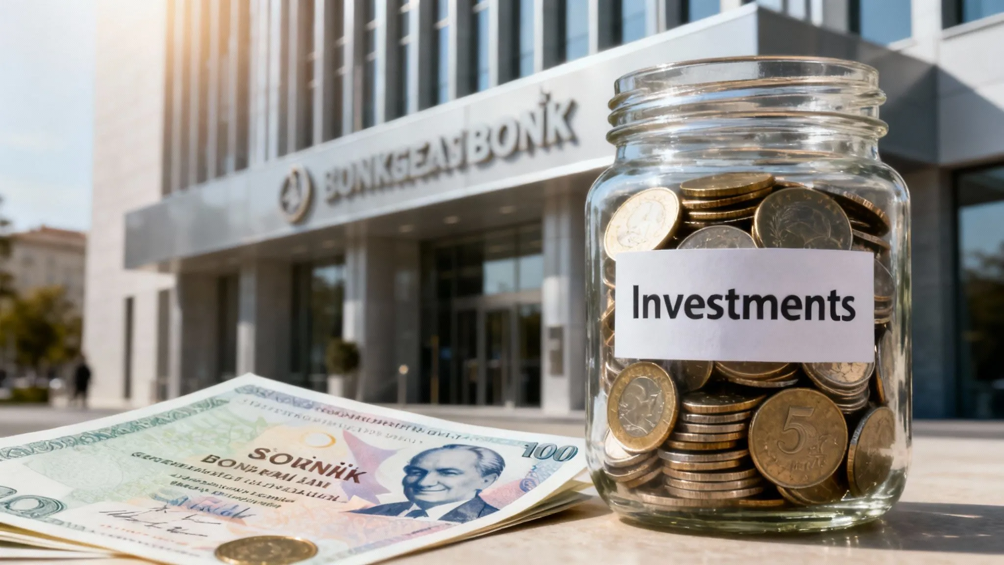 Investment jar filled with Turkish coins and lira banknotes in front of a bank building, symbolizing how withholding tax applies to investment income in Turkey.