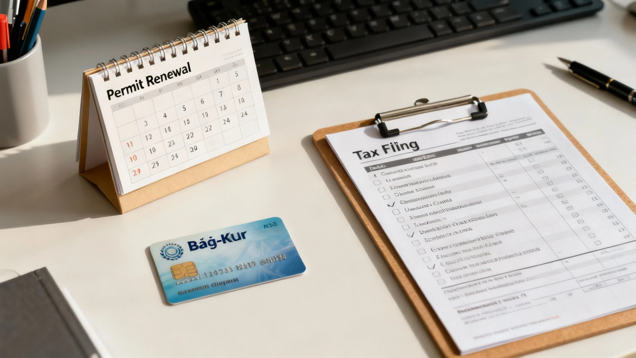 Calendar marked “Permit Renewal,” Bağ-Kur card, and tax filing form on a desk, symbolizing compliance and permit maintenance for business owners in Turkey.