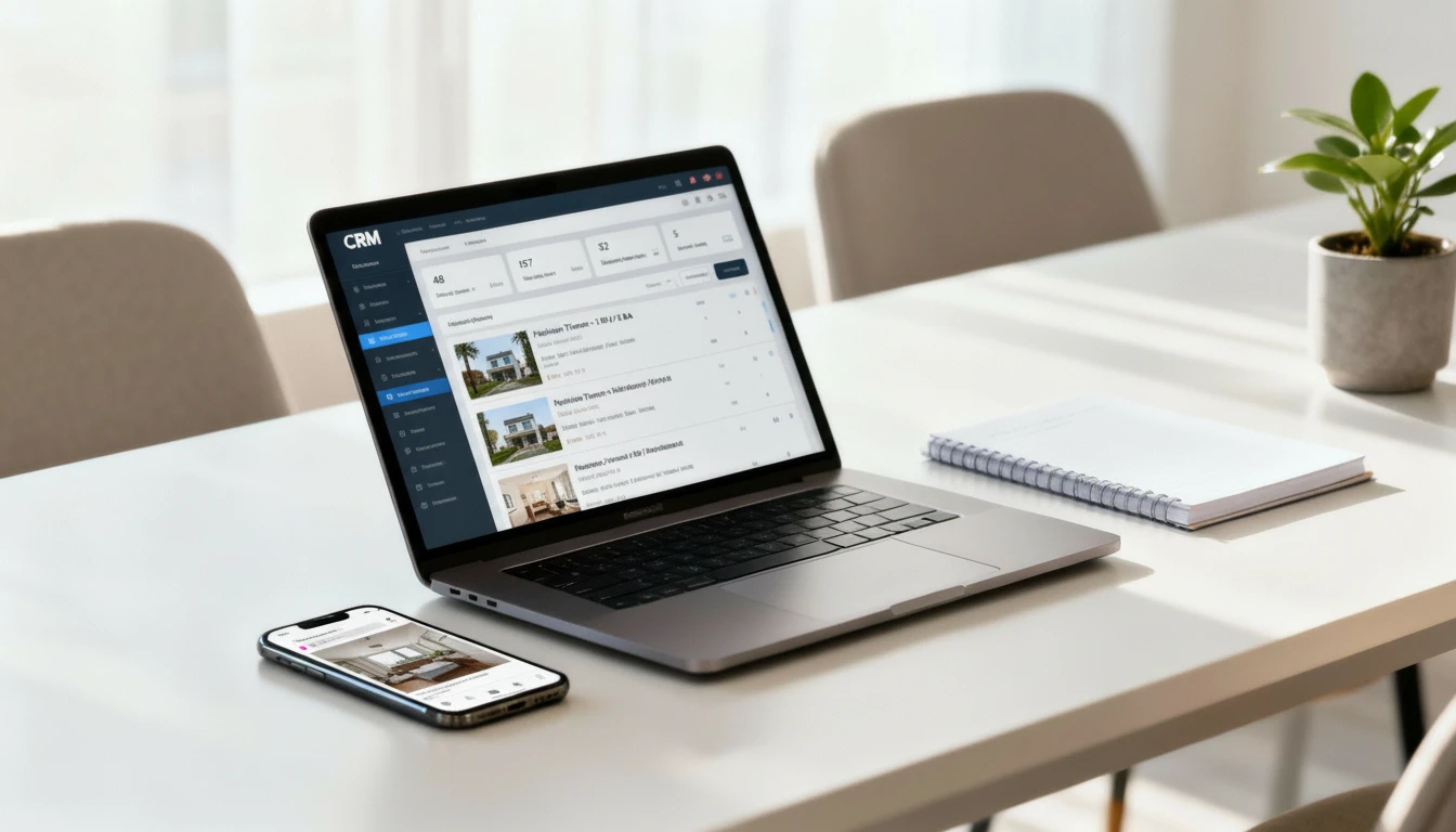 Real estate office workspace with CRM system and mobile property listings, representing professional real estate operations in Turkey