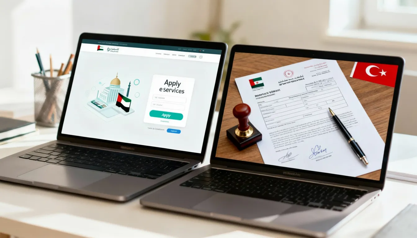 Two laptops displaying UAE digital company formation services and a Turkish company registration document, illustrating the comparison of business setup processes.
