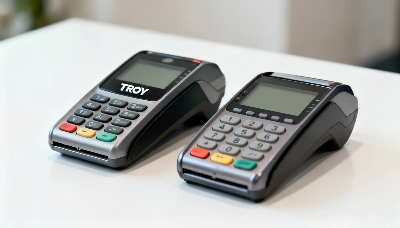 Two POS payment terminals on a white surface illustrating Turkey’s payments ecosystem and competition dynamics.