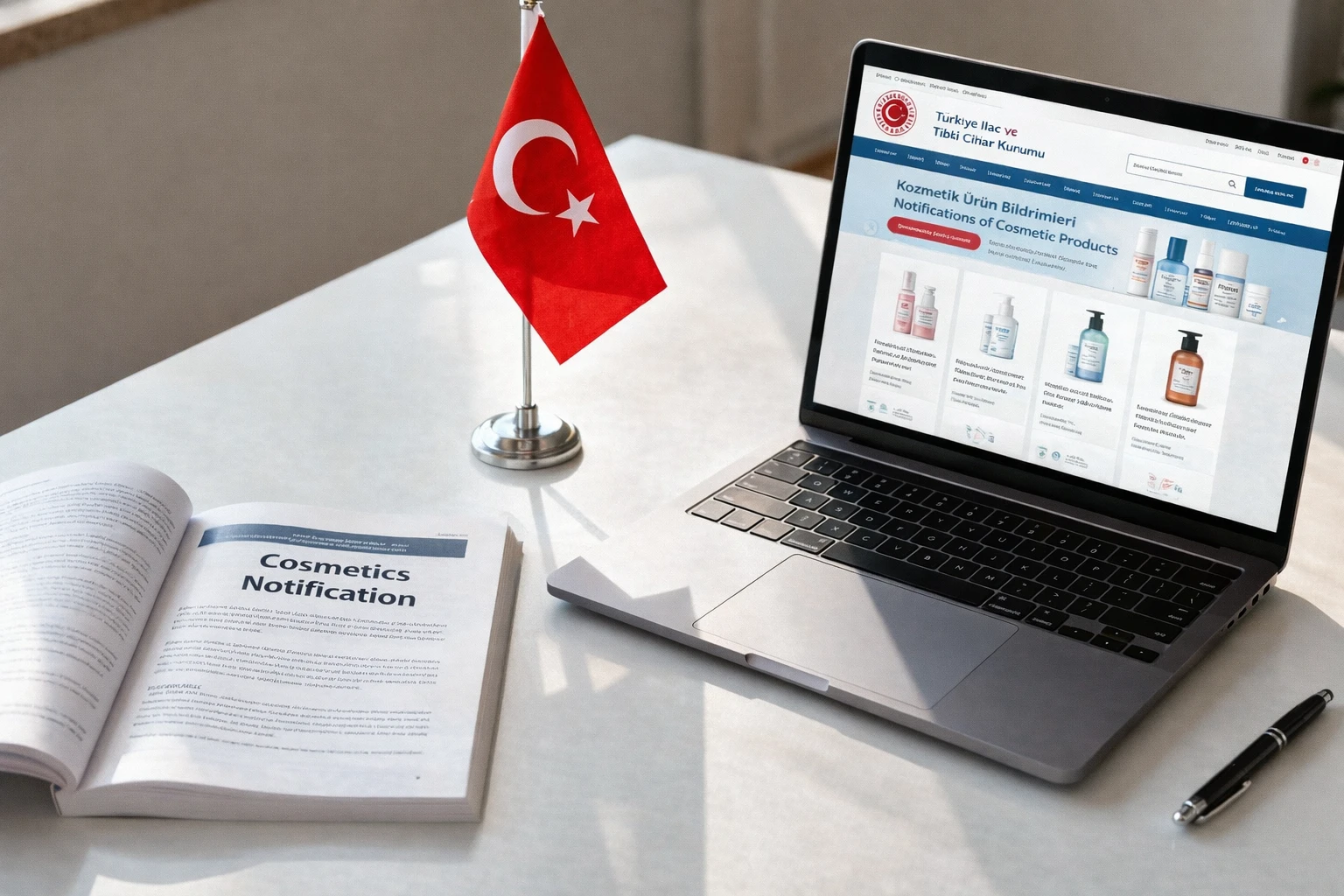Import license for cosmetics in Turkey shown through TİTCK cosmetic product notification system on a laptop with Turkish flag