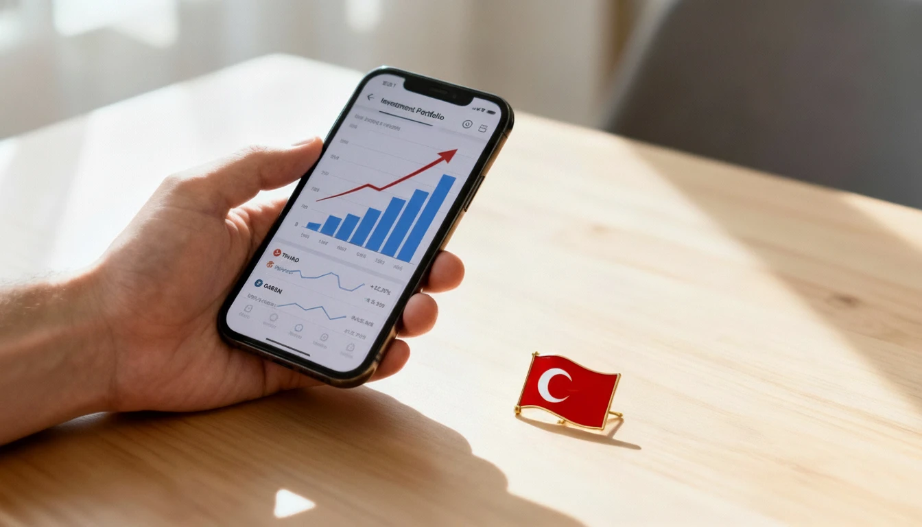 Hand holding a smartphone displaying investment growth charts next to a small Turkish flag on a wooden table.