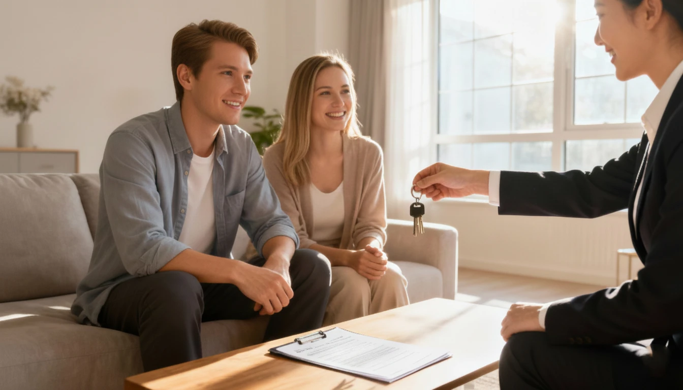 Real estate agent handing property keys to clients after a successful property sale in Turkey