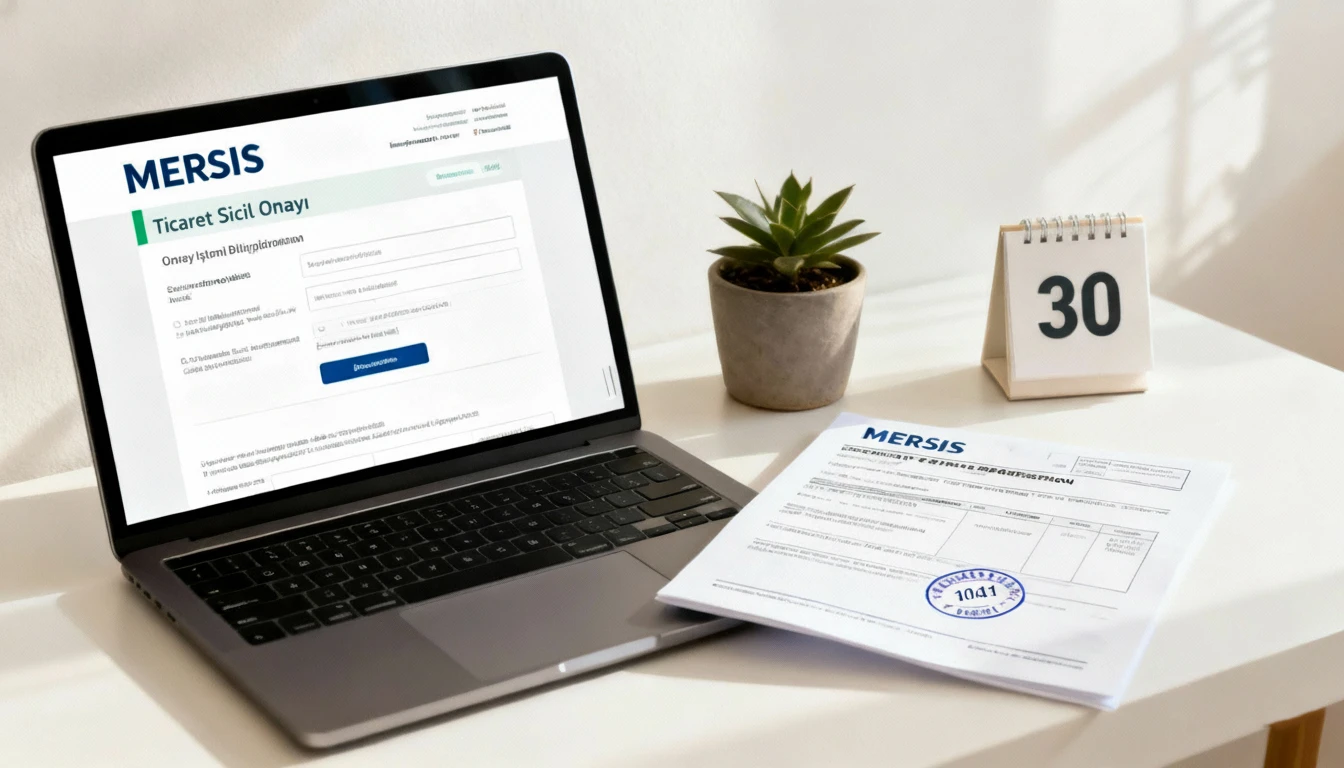 Laptop showing the MERSIS registration page, notarized documents, and a calendar with the number 30, symbolizing the 30-day deadline for Turkish LLC share transfer registration.
