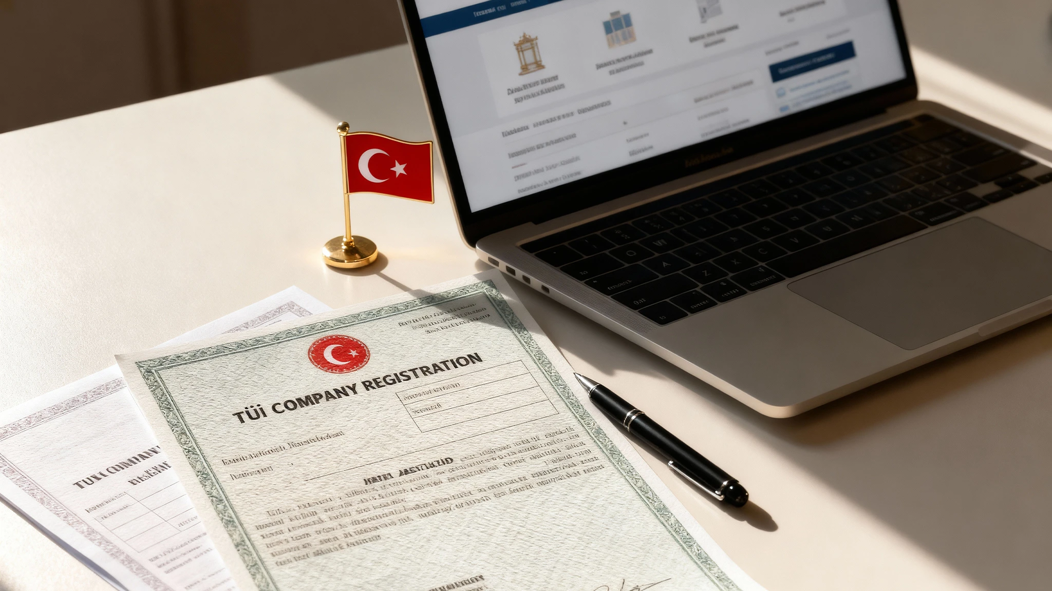 Turkish company registration documents with national flag and laptop, representing the legal setup of a real estate agency in Turkey