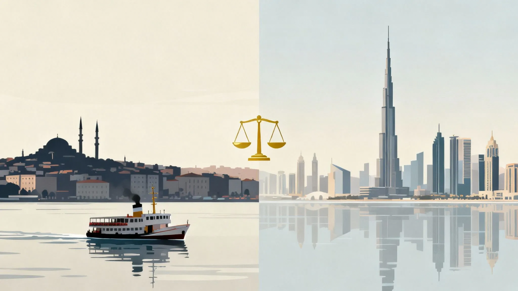 Illustration comparing Turkey and the UAE as global business hubs, featuring Istanbul on the left and Dubai on the right with scales of justice in the center.