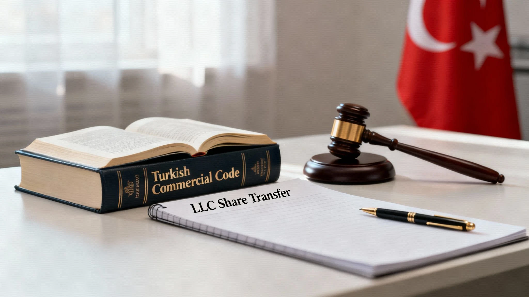 Open Turkish Commercial Code book, gavel, and notepad titled “LLC Share Transfer” on a desk with a Turkish flag in the background.