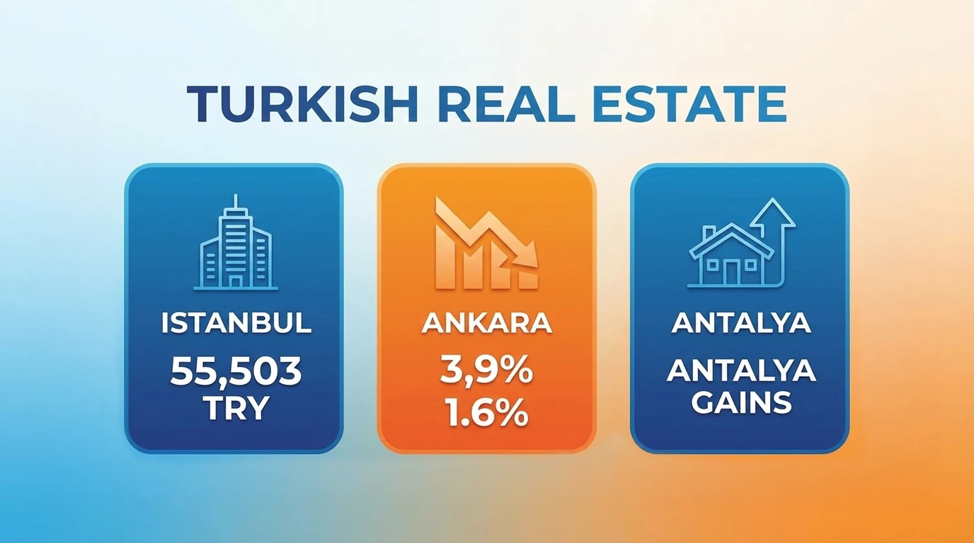 Turkish real estate market comparison showing Istanbul price per square metre, Ankara real-term change, and Antalya property gains