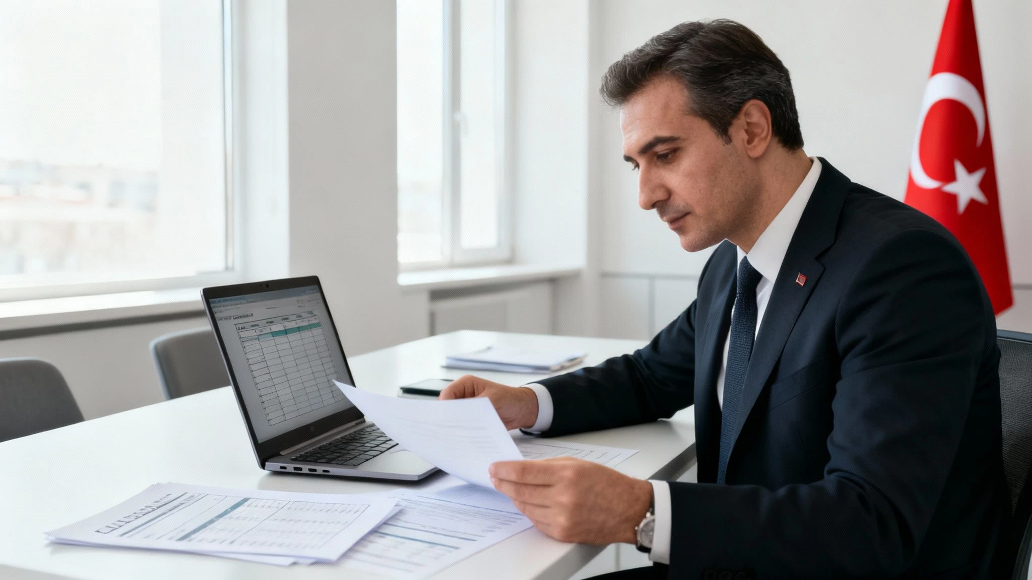 Turkish CPA reviewing financial documents to ensure legal and tax compliance for a business