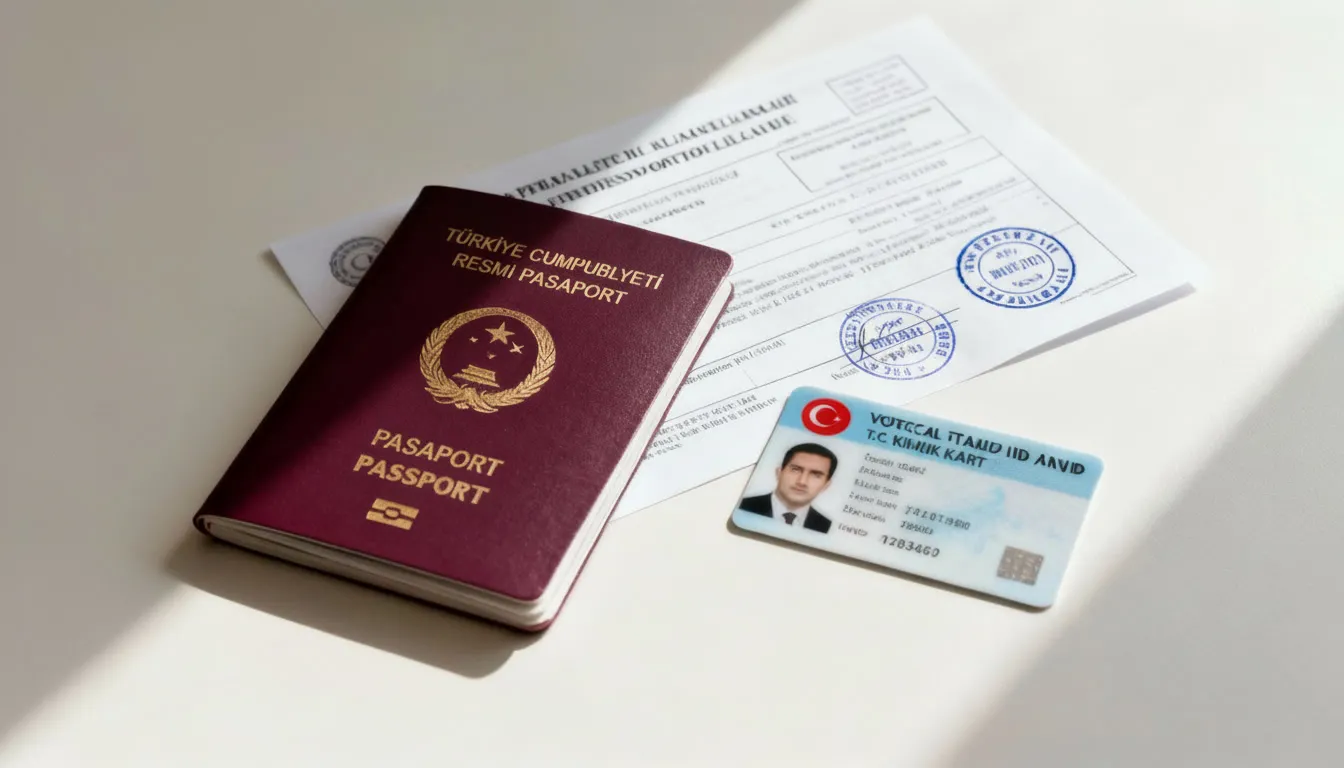 Turkish passport, identity card, and notarized documents showing requirements for adding foreign or non-resident partners to a company.