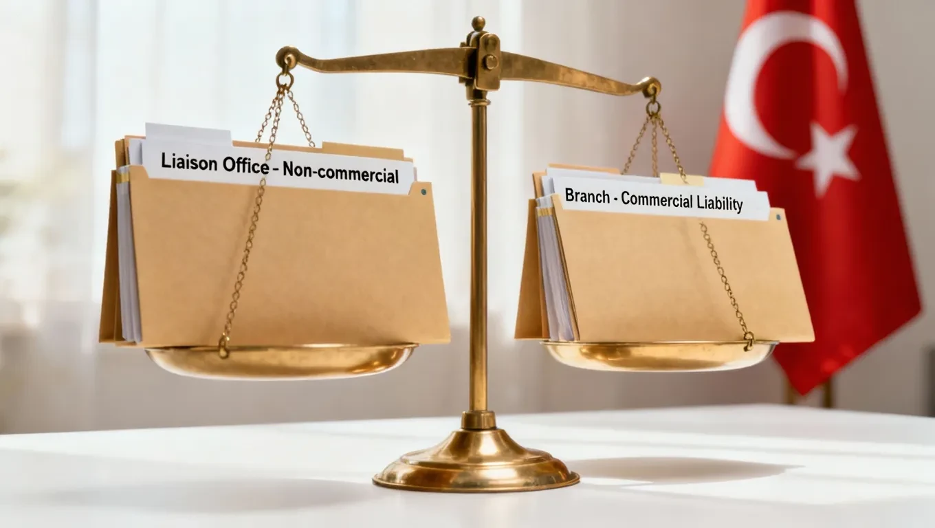 Comparison of a liaison office and a branch in Turkey, showing non-commercial and commercial legal responsibilities under Turkish law