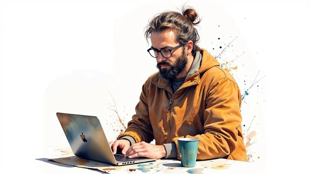 Dizüstü bilgisayarında çalışan adam – fiziksel ve sanal ofislerde maliyet-verimlilik dengesini temsil eden görsel