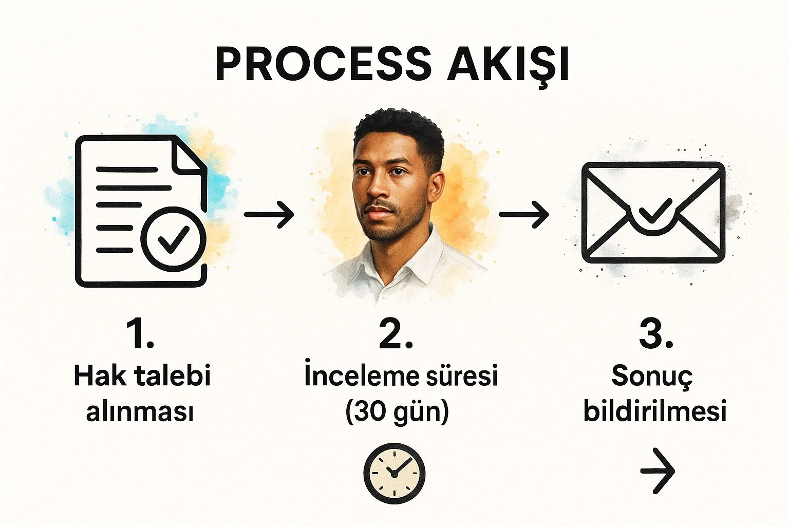 KVKK kapsamında ilgili kişi talep süreci: hak talebinin alınması, 30 günlük inceleme süresi ve sonucun bildirilmesi aşamaları.