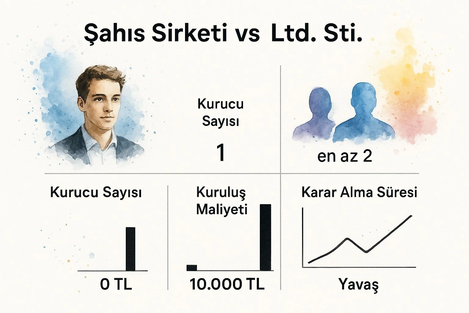 Şahıs şirketi ile limited şirket arasındaki farklar: kurucu sayısı, kuruluş maliyeti ve karar alma süresi karşılaştırması.