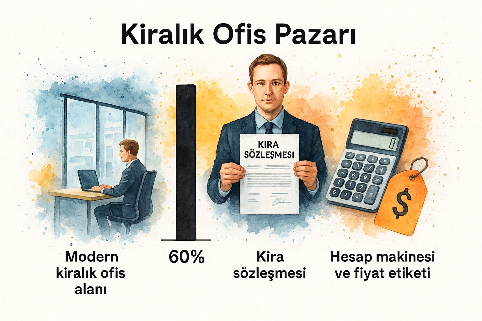 Şirket türleri ve maliyetleri analizi için modern kiralık ofis, kira sözleşmesi ve maliyet hesaplama görseli.