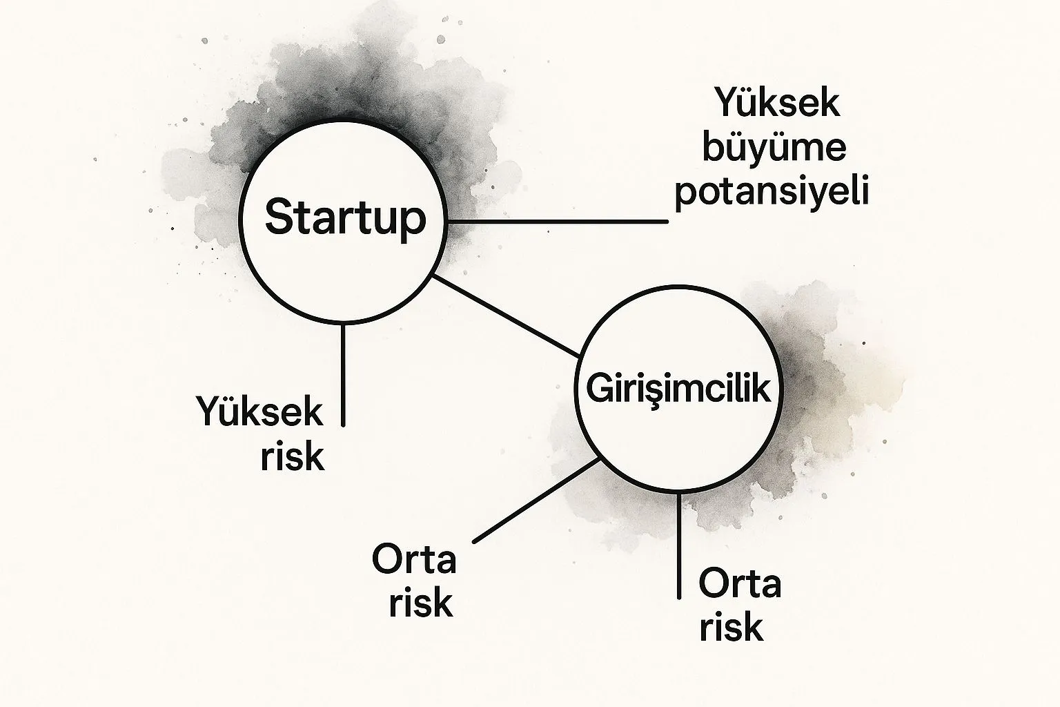 Startup ve girişimcilik arasındaki risk ve büyüme potansiyeli farklarını gösteren diyagram.