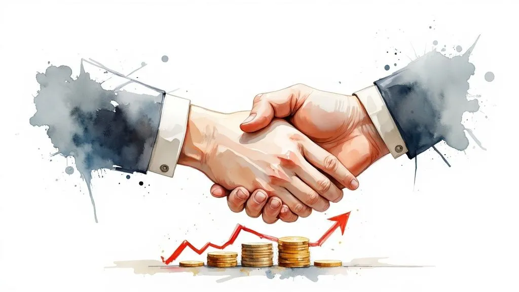 İş ortaklığı ve yatırım süreçlerini temsil eden el sıkışma ve yükselen grafik