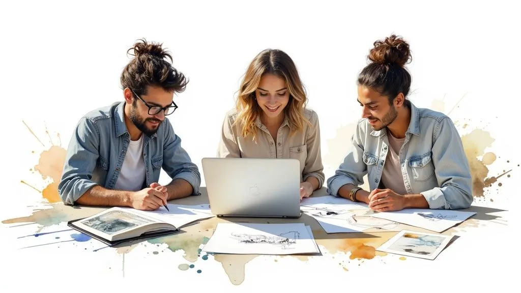 Genç girişimciler bir masa etrafında laptop ve çizimlerle startup fikirleri üzerinde çalışıyor.