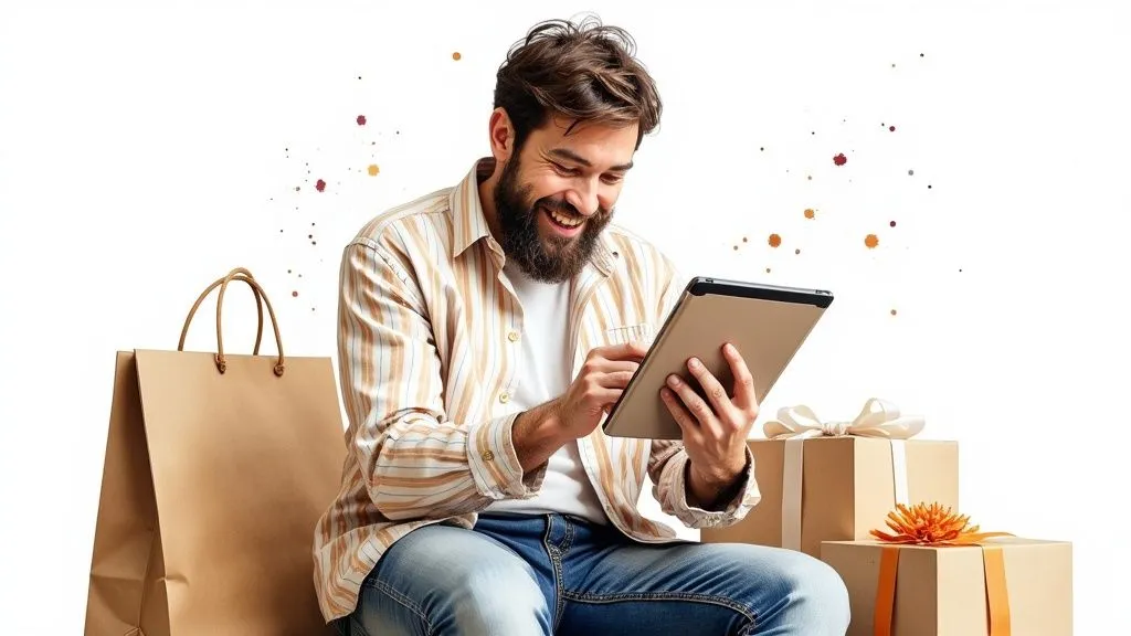 Tablet üzerinden alışveriş yapan mutlu müşteri, B2C e-ticaret modeliyle doğrudan markadan ürün satın alıyor