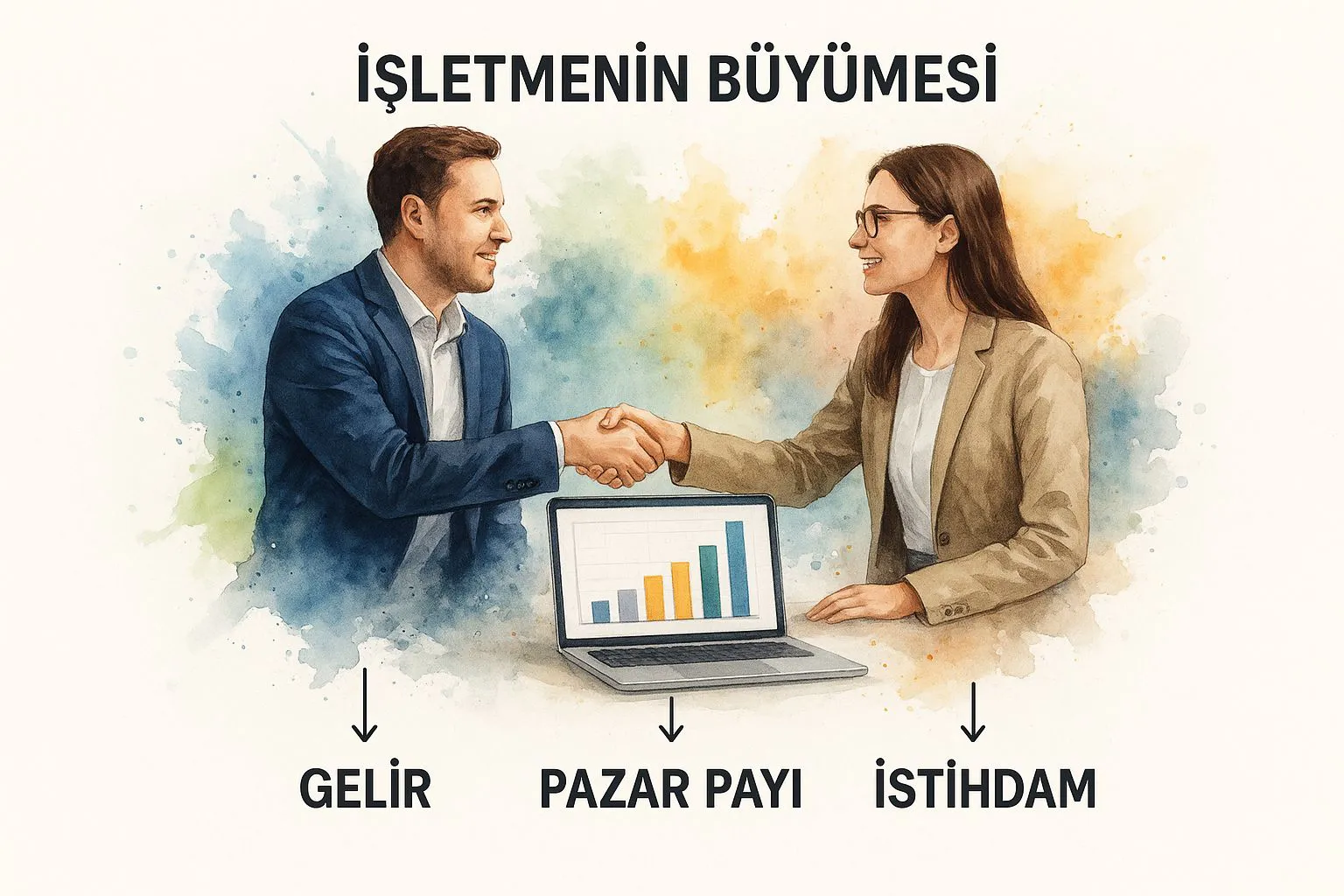 İşletmenin büyümesi için e-ticaret türleri ve iş modelleri: gelir, pazar payı ve istihdam grafiği ile anlaşma yapan iş insanları