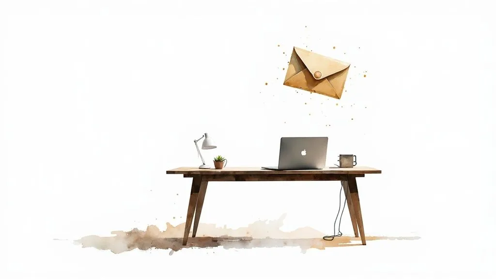 Sanal ofis masa düzeni, laptop ve zarf ile girişimcilik konsepti