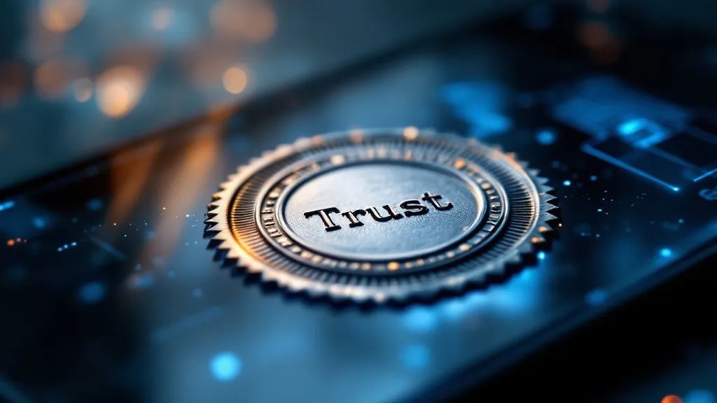 Dijital ortamda güveni simgeleyen “Trust” yazılı metal mühür görseli, çevrimiçi alışveriş güvenliğini temsil ediyor.