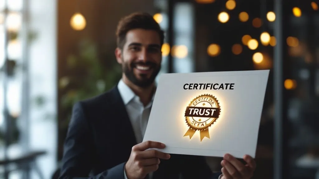 Güven damgası sertifikası tutan iş insanı, tüketici güvenini temsil ediyor