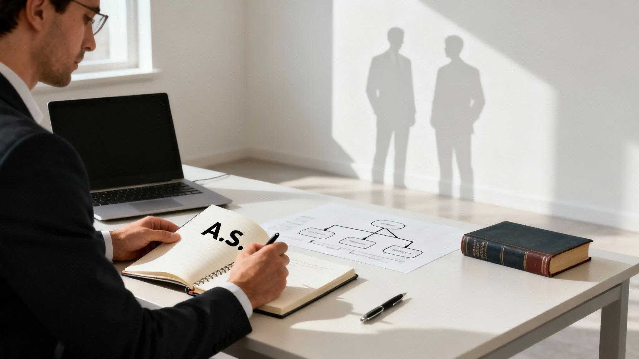 Bir profesyonelin anonim şirket kurulum sürecinin ilk adımlarını planlamak için notlar ve organizasyon şeması üzerinde çalışması.