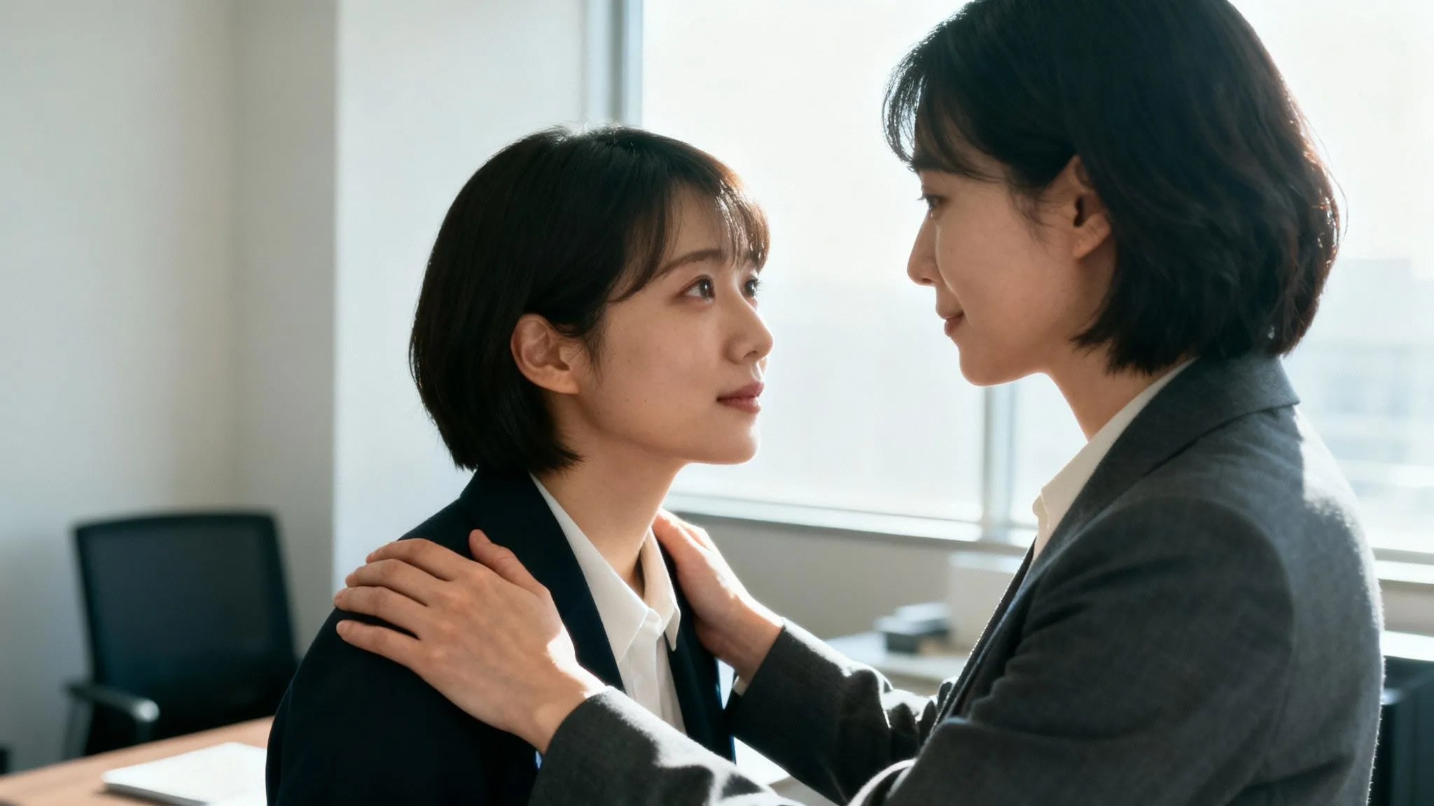 Modern bir ofis ortamında bir liderin ekip üyesine empatik ve destekleyici bir şekilde rehberlik etmesi