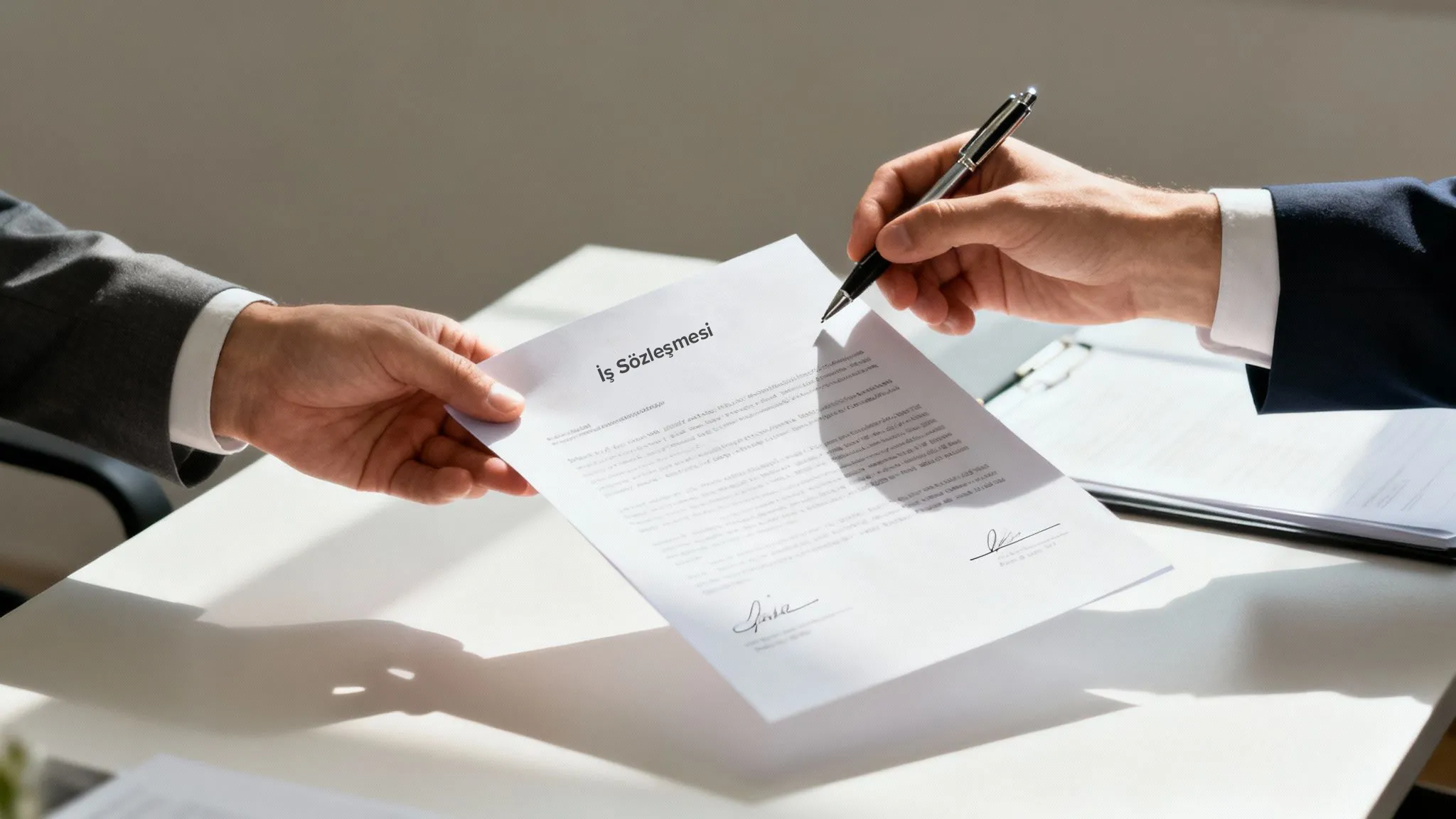 İki kişinin iş sözleşmesini imzaladığı, belge üzerinde “İş Sözleşmesi” yazısının göründüğü resmi toplantı ortamı.