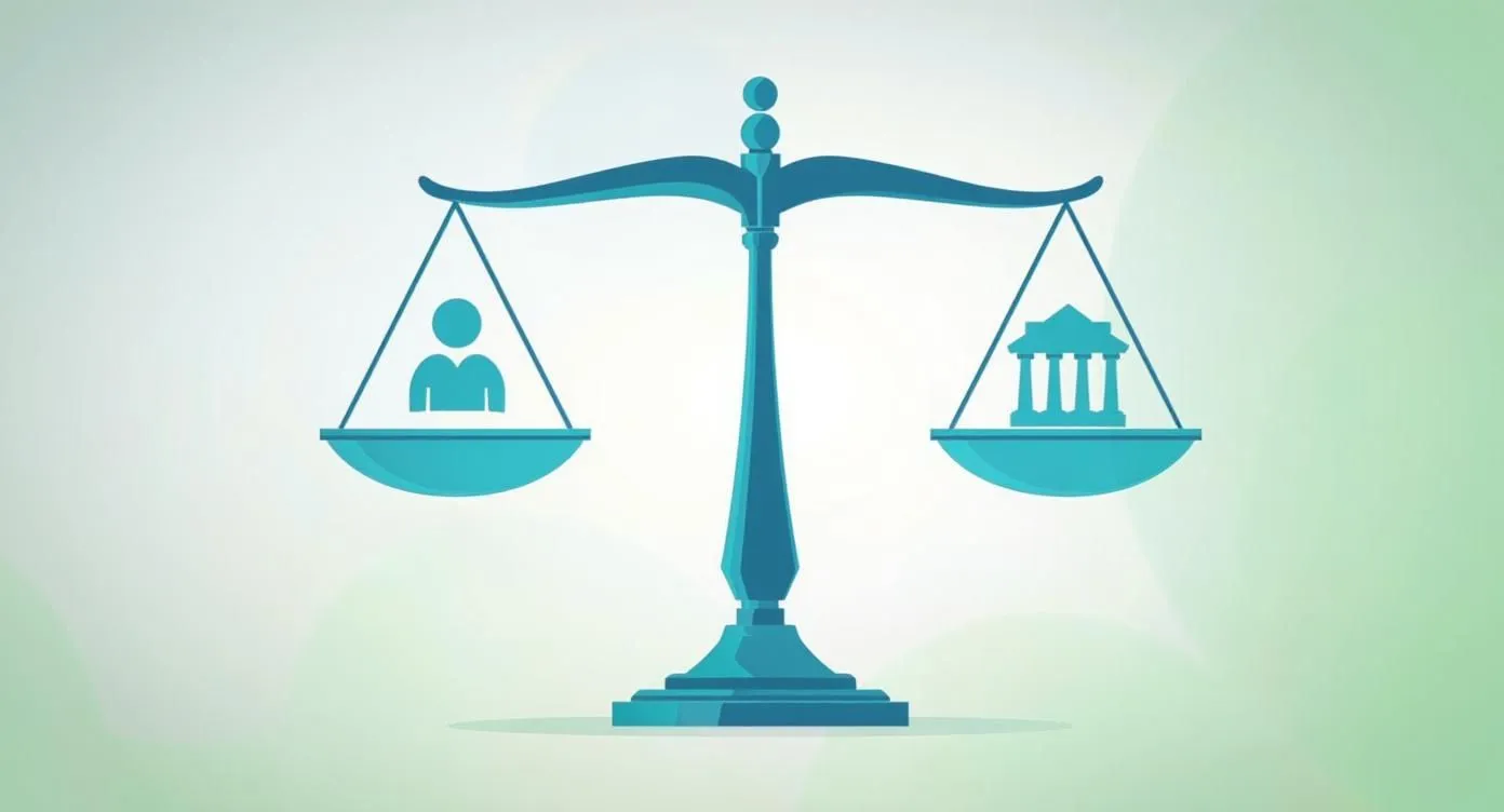 Terazi üzerinde bir kefede çalışan figürü, diğer kefede işveren/kurum simgesi ile işçi–işveren dengesini temsil eden illüstrasyon.