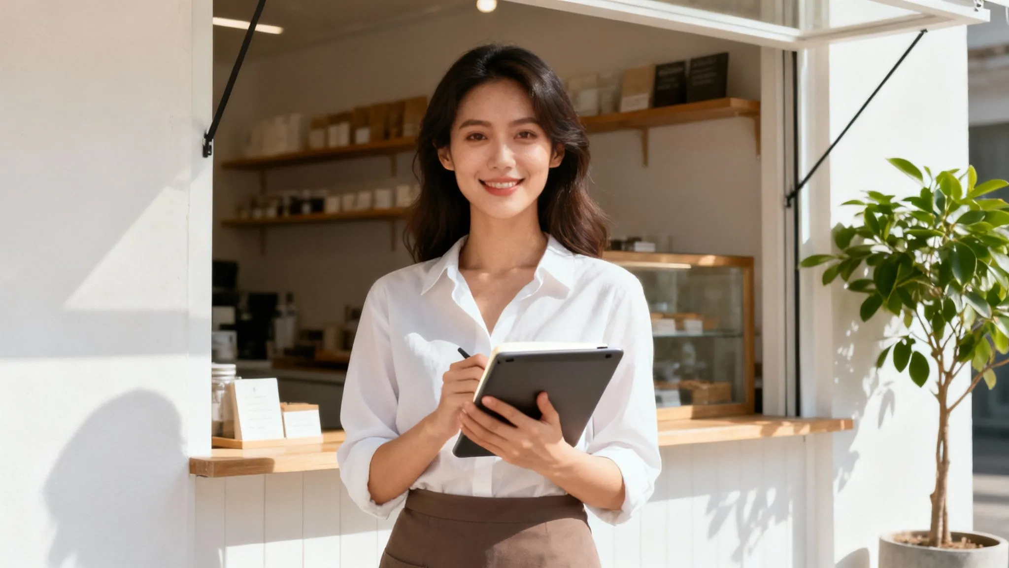 Tablet tutan kadın girişimci, küçük bir işletme ortamında gülümserken görülüyor