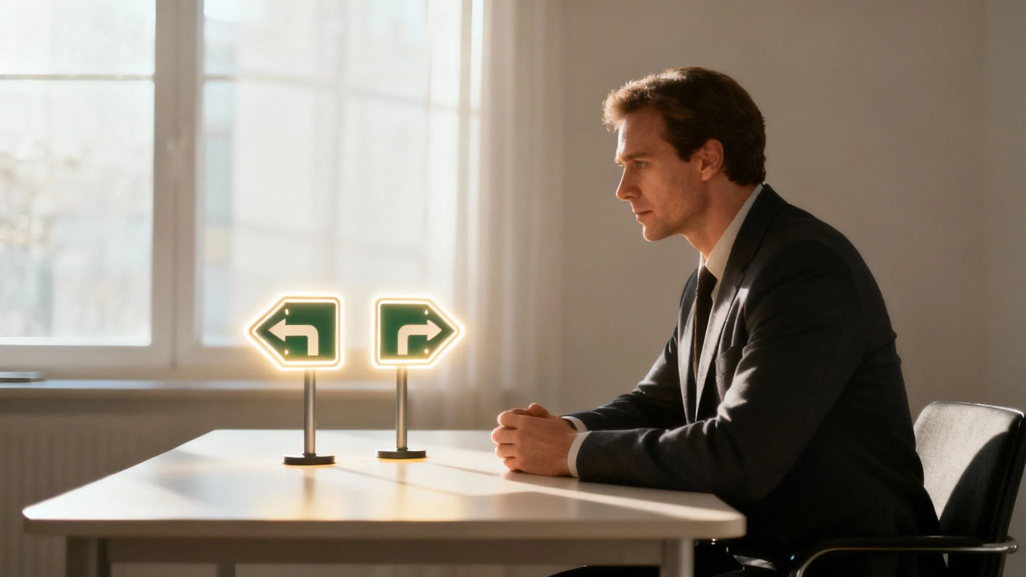 Bir yöneticinin masa üzerinde farklı yönleri gösteren işaretler arasında karar verme sürecini düşünmesi