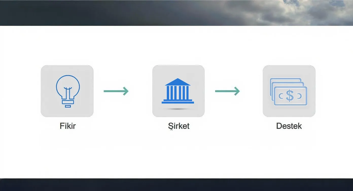 KOSGEB başvuru sürecinin adım adım işleyişini gösteren fikir–şirket–destek görseli
