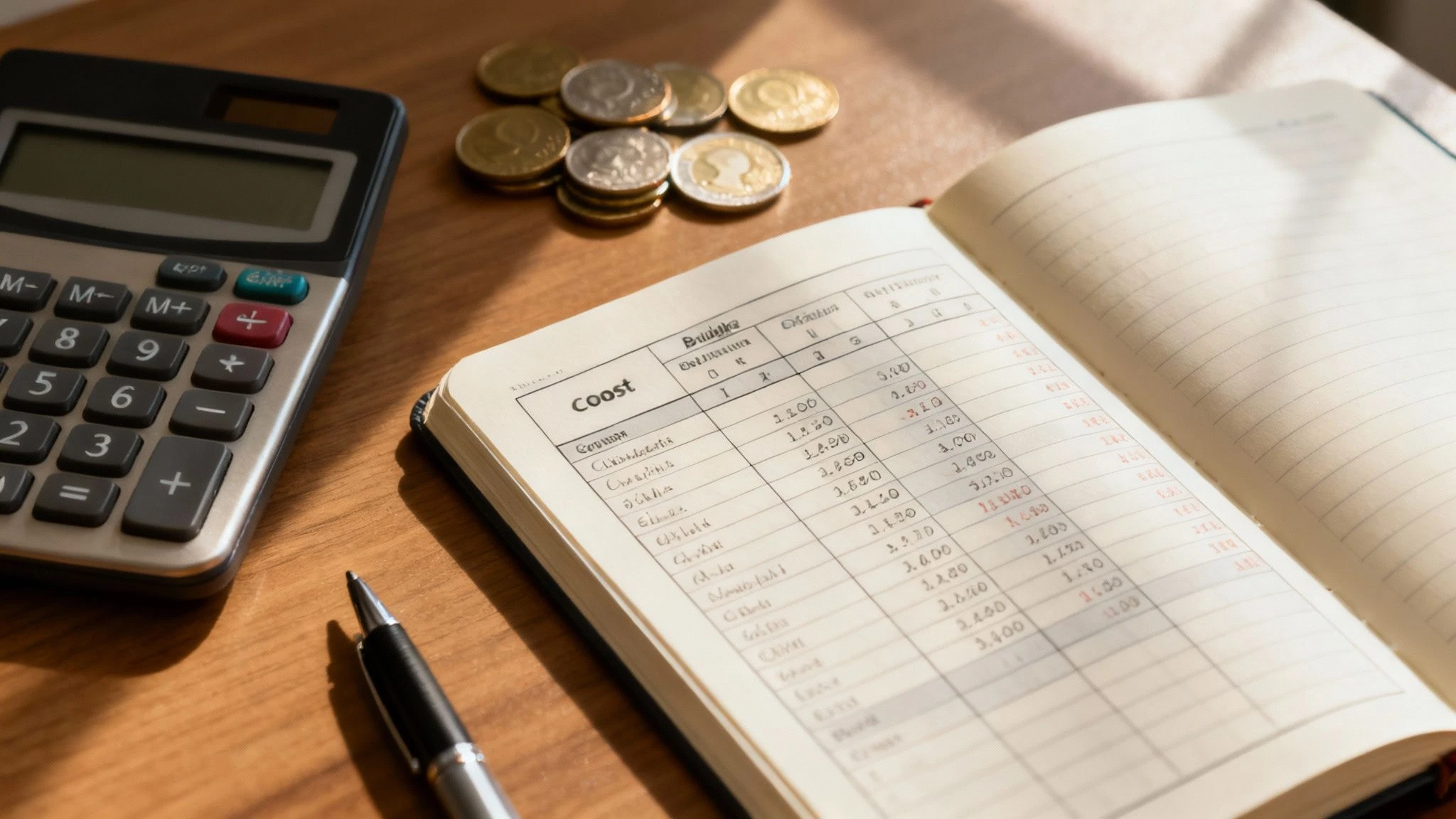 Hesap makinesi, not defteri ve para ile şirket kuruluş maliyet planlaması yapılması