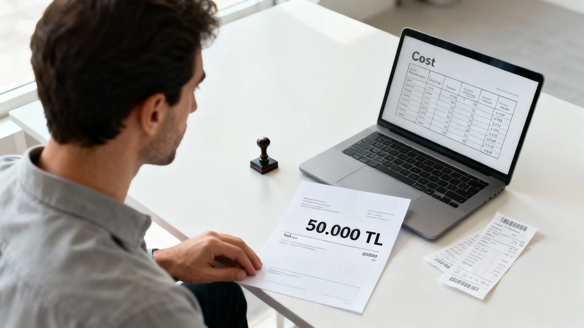 Bir kişinin masa başında şirket kuruluş masraflarını incelemesi; bilgisayarda maliyet tablosu açık, elinde 50.000 TL tutarında masraf belgesi bulunuyor.