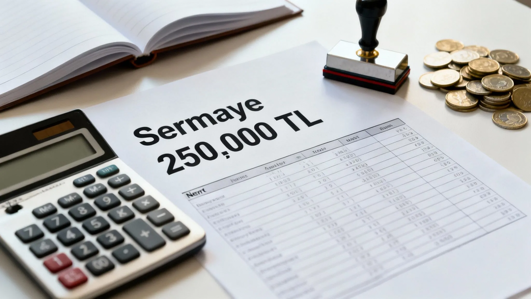 Sermaye tablosu, hesap makinesi, mühür ve madeni paralar ile şirket kuruluş sermayesi ve maliyet analizini gösteren masa düzeni.